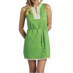 Mud Pie Womens XL Sleeveless Dress 100% Cotton Green Crochet V Neck Beach Cruise